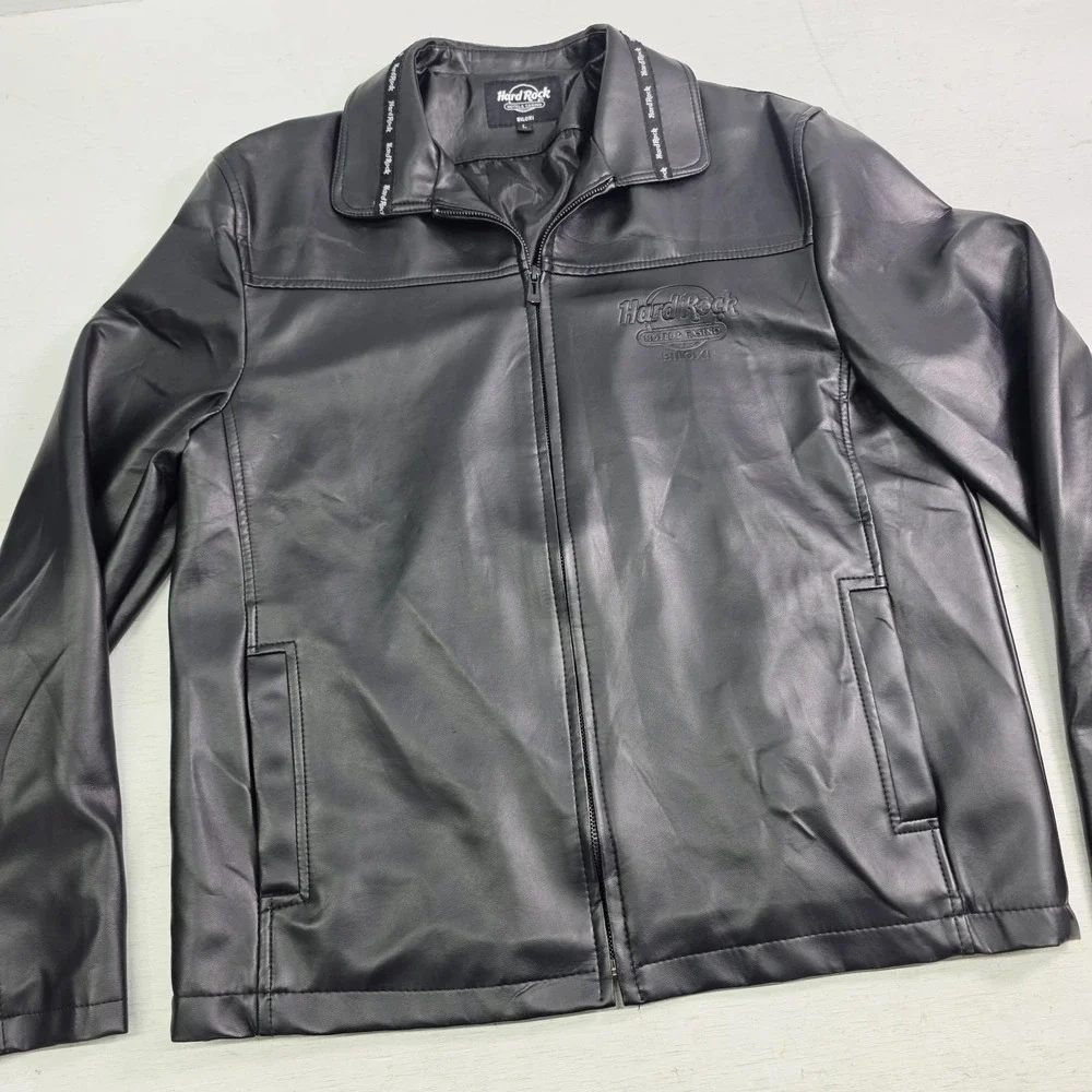 Hard Rock Hotel & Casino Biloxi, MS Black‎ Faux Leather Jacket Rare Men's L EUC